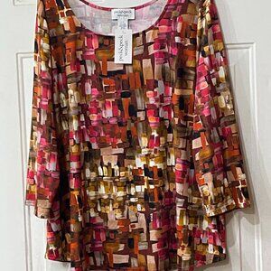 NWT Peck & Peck Sz 3X Women's Knit Top Blouse 3/4 Sleeve Multicolor Abstract